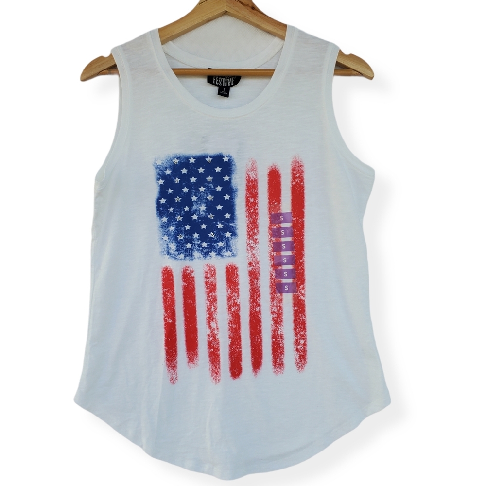 Feeling Festive White Tank Top with Flag Sz Sm